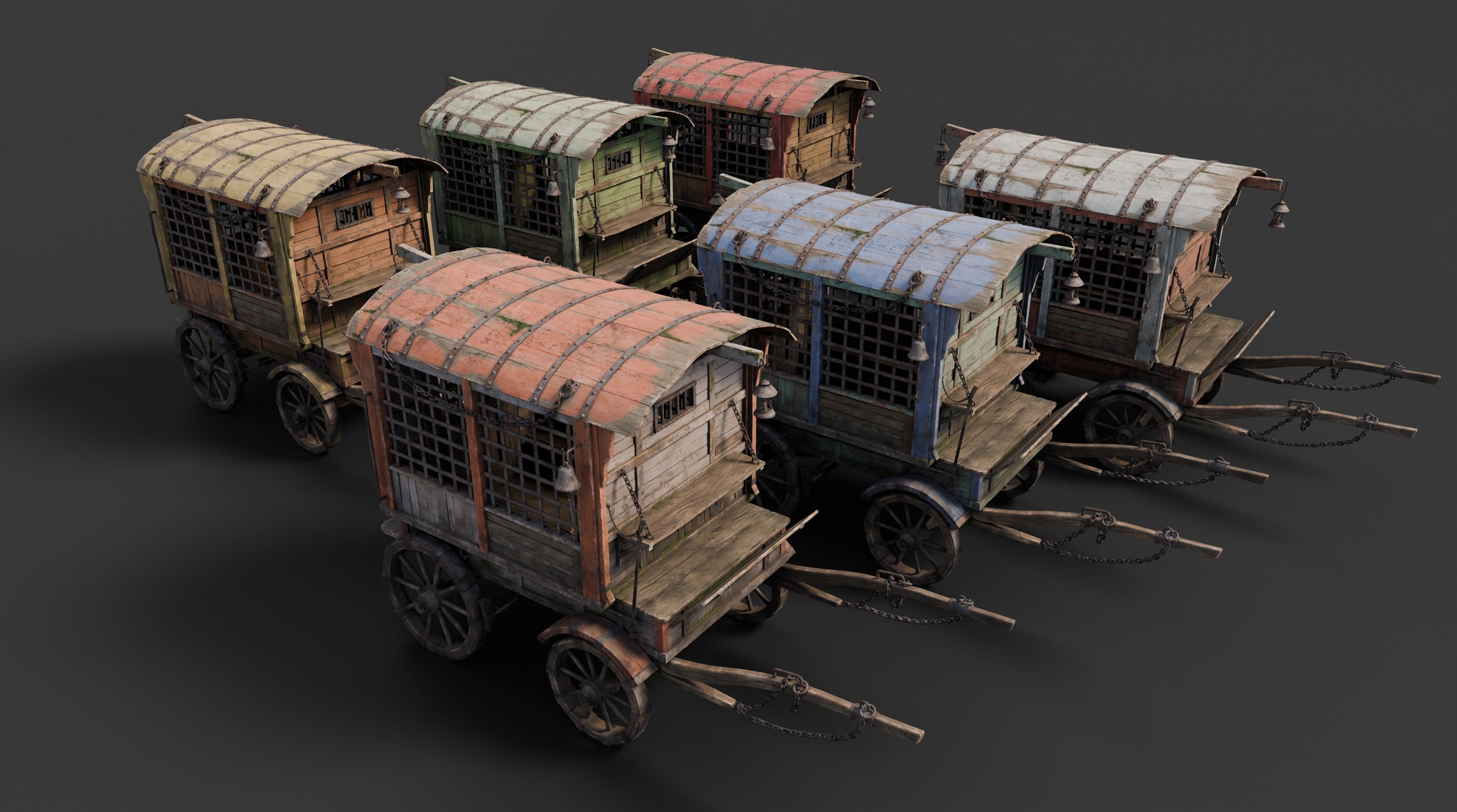 Medieval Wooden Carts and Wagons pack Low-poly 3D model_6