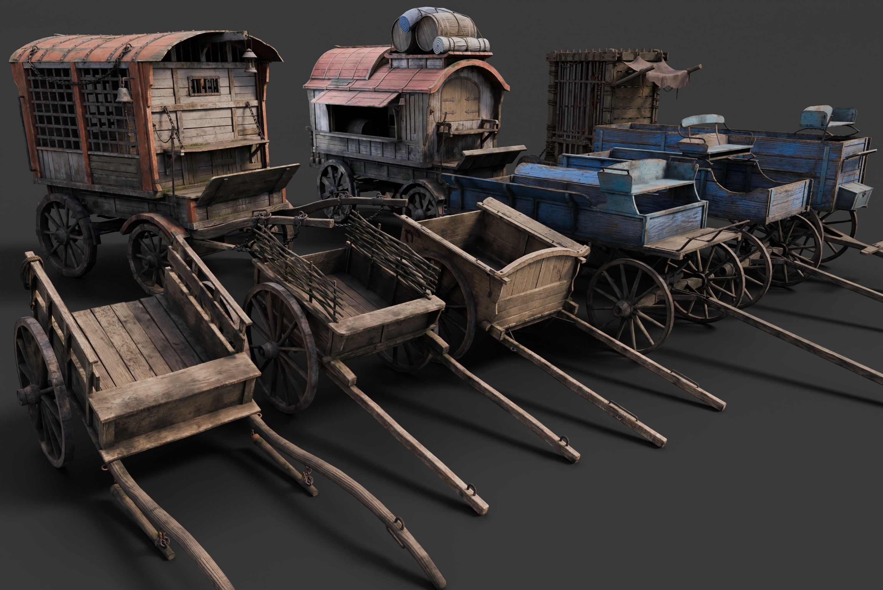 Medieval Wooden Carts and Wagons pack Low-poly 3D model_4
