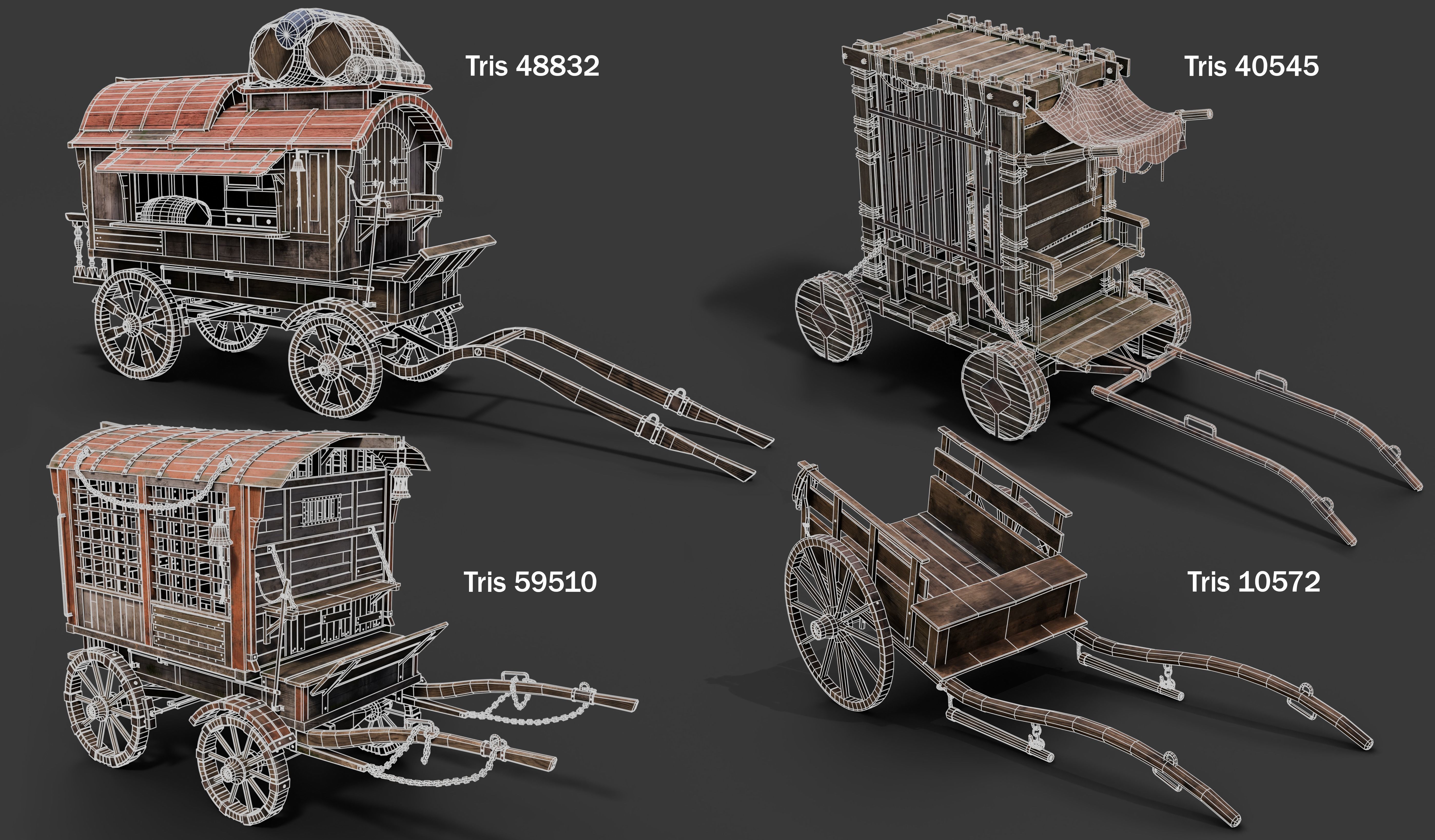 Medieval Wooden Carts and Wagons pack Low-poly 3D model_22