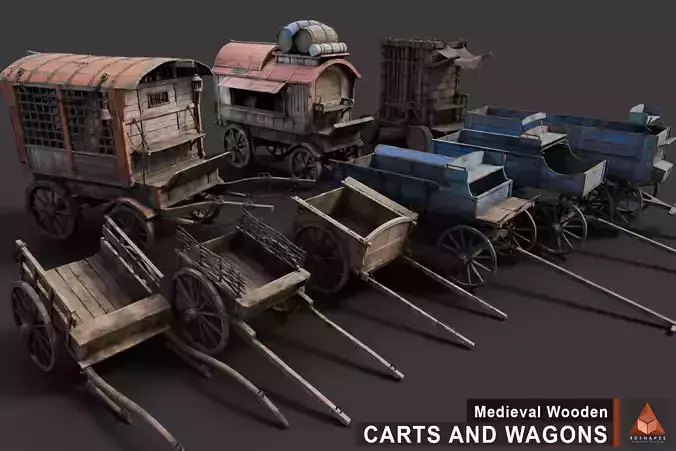 Medieval Wooden Carts and Wagons pack Low-poly 3D model