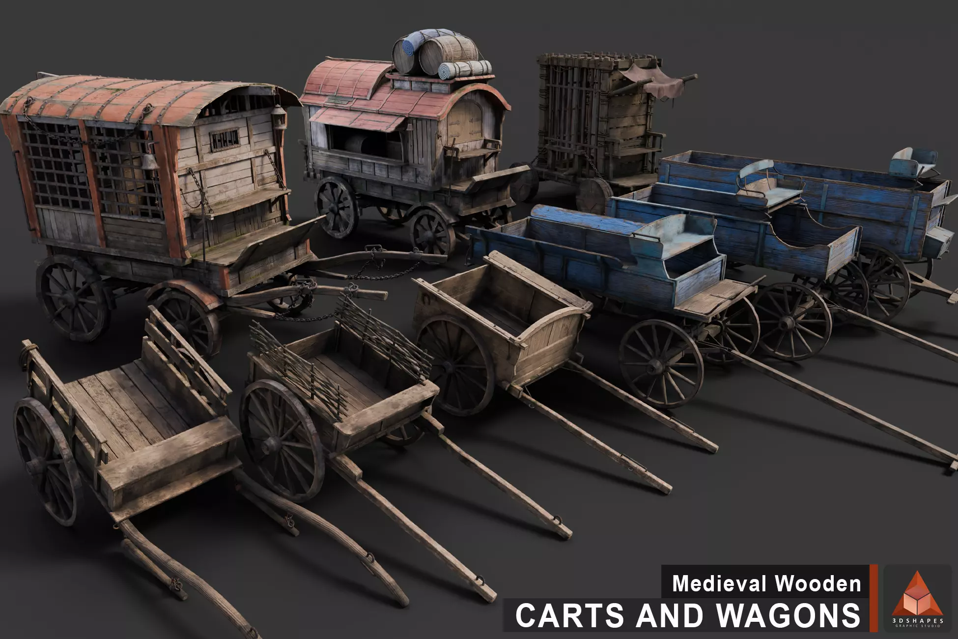 Medieval Wooden Carts and Wagons pack Low-poly 3D model_0