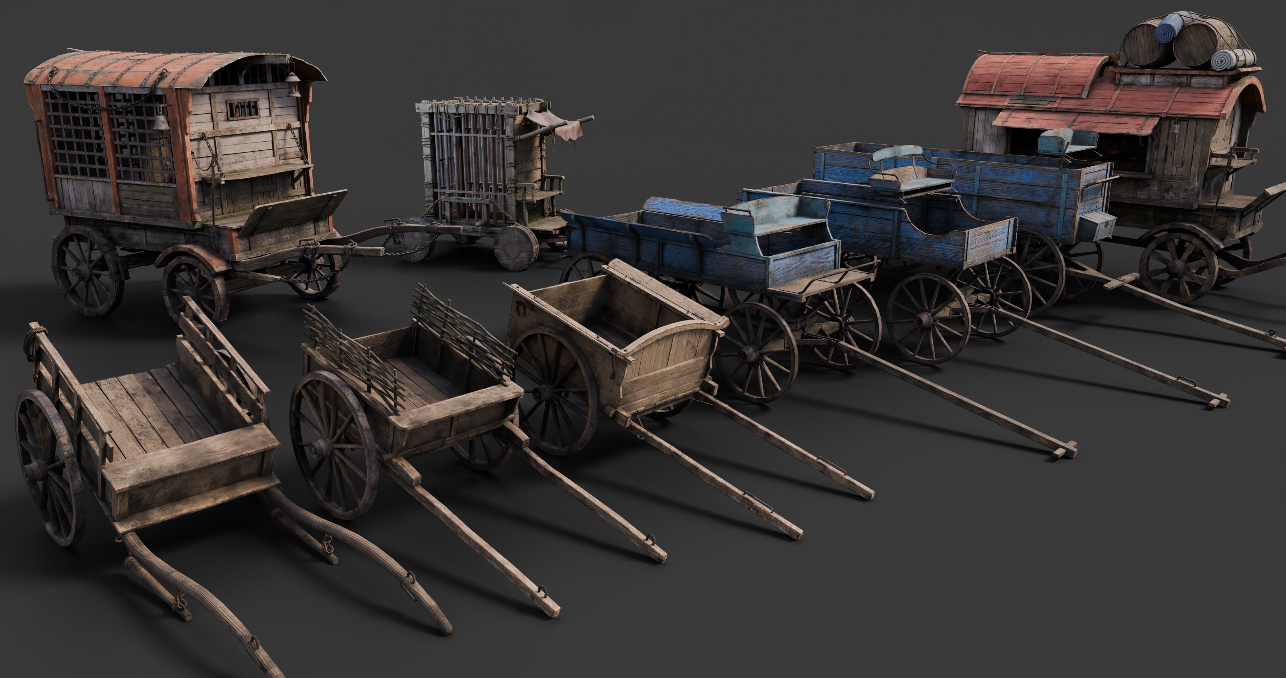 Medieval Wooden Carts and Wagons pack Low-poly 3D model_3
