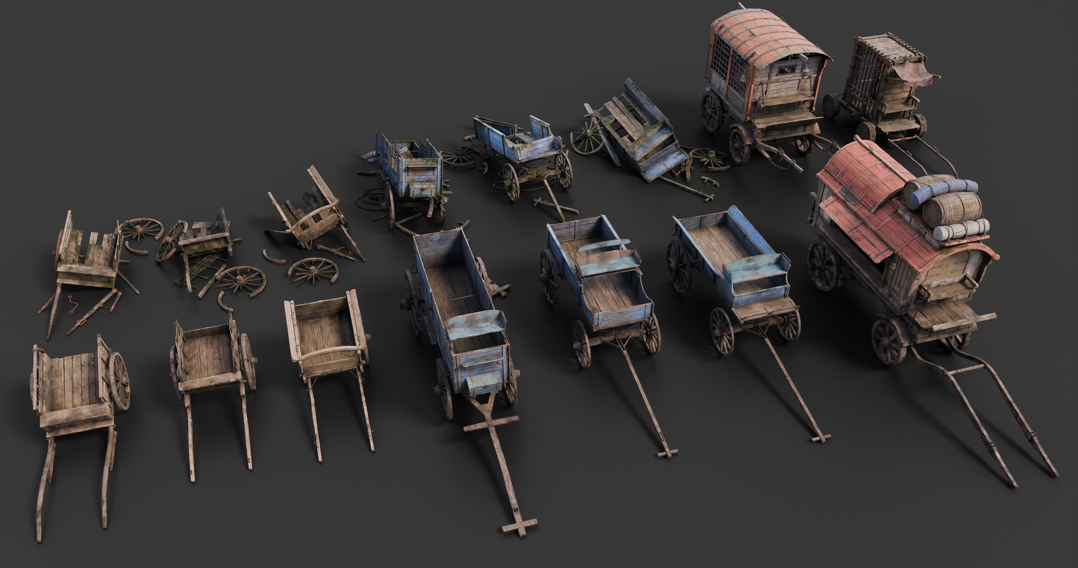 Medieval Wooden Carts and Wagons pack Low-poly 3D model_2