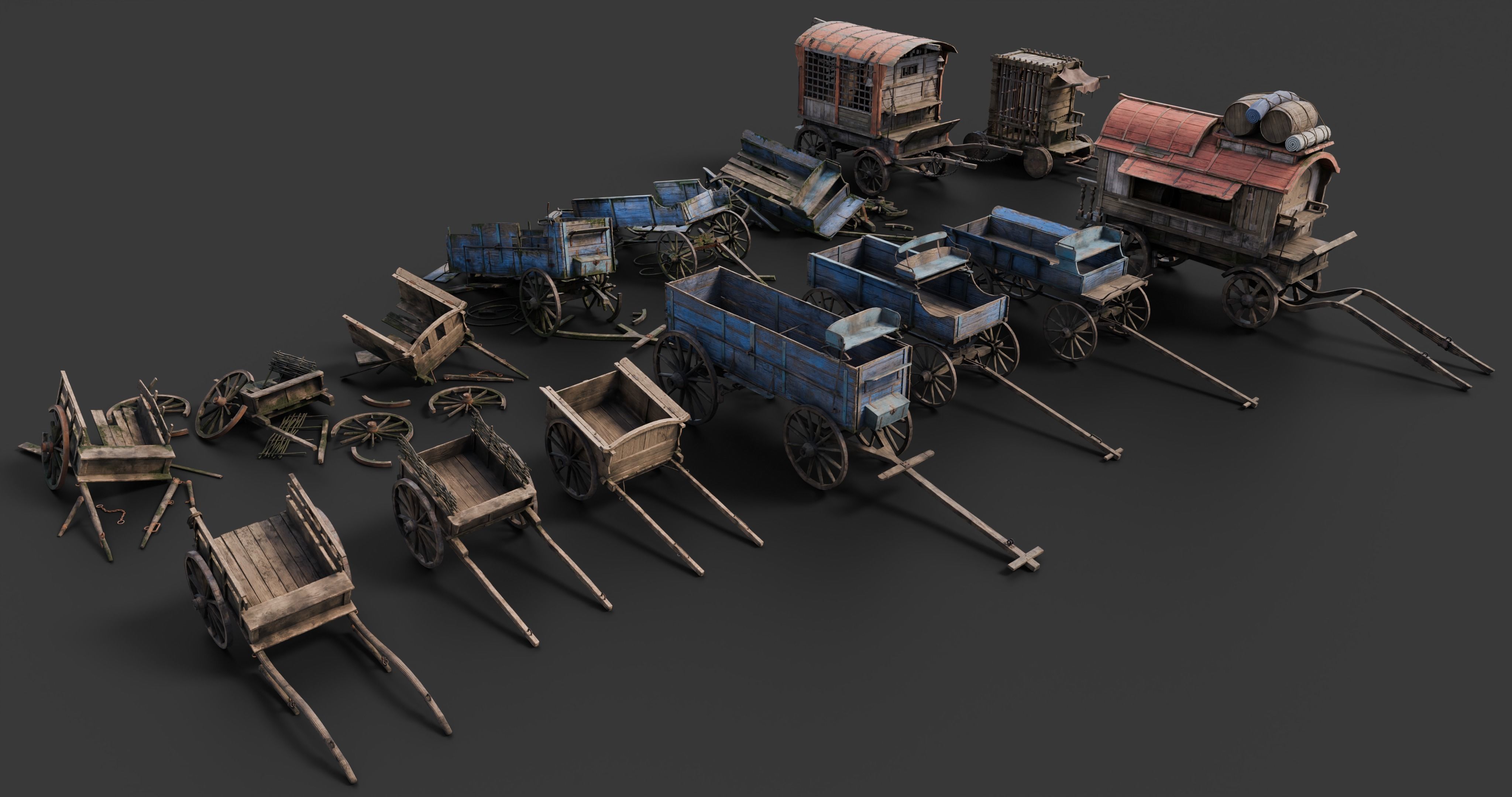 Medieval Wooden Carts and Wagons pack Low-poly 3D model_1