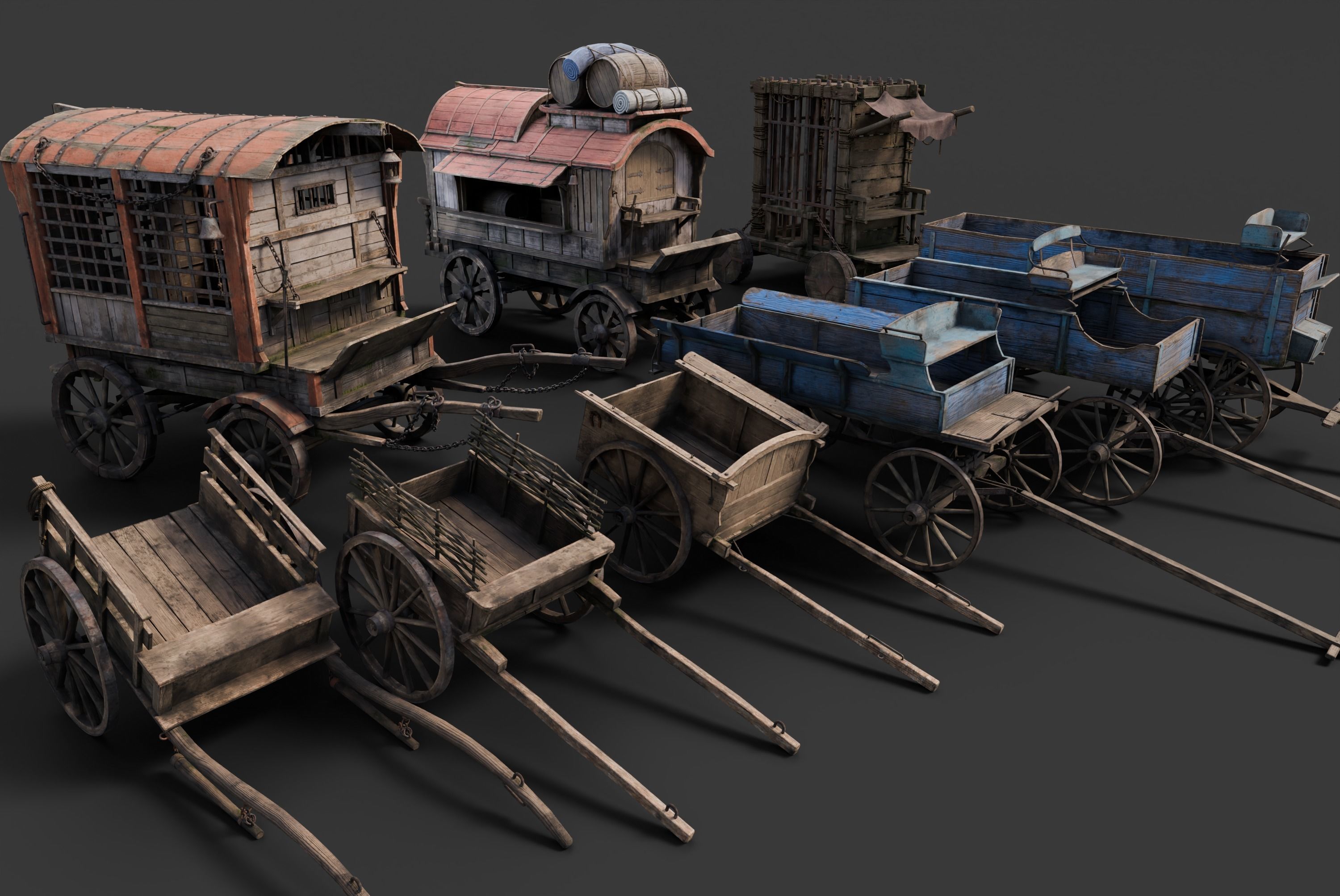 Medieval Wooden Carts and Wagons pack Low-poly 3D model_5
