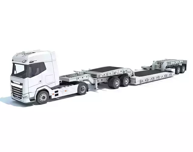 Truck with Lowboy Trailer 3D model