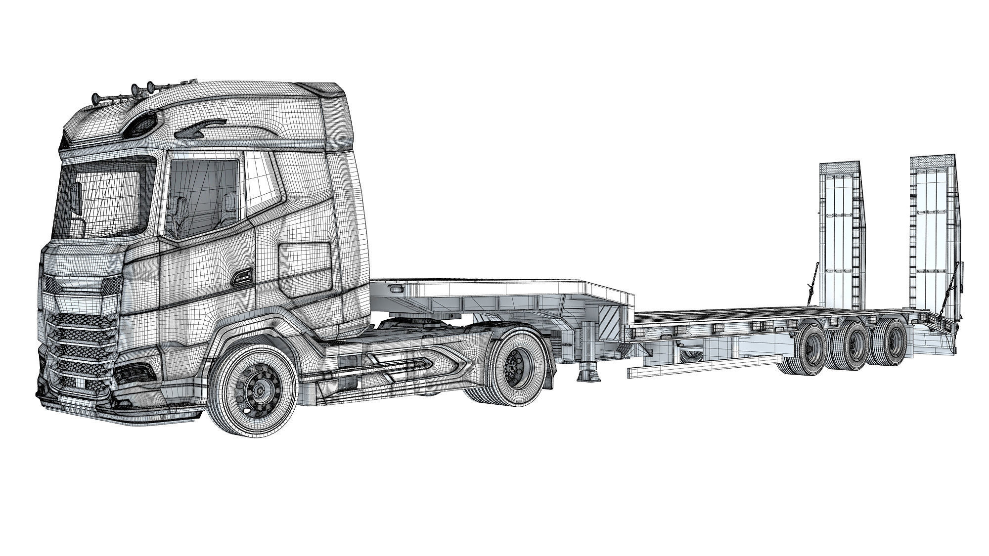 Truck with Platform Trailer 3D model_17