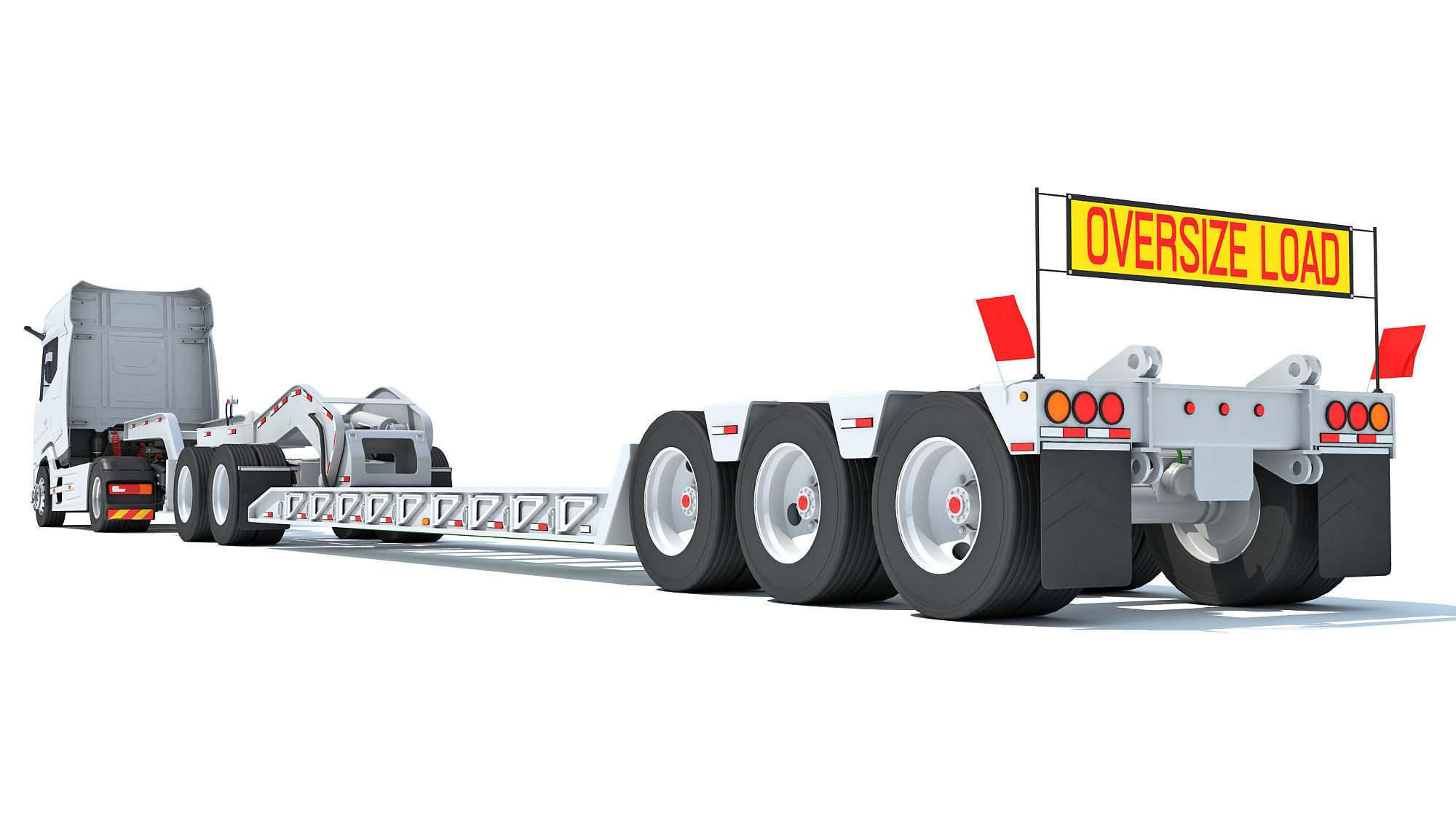 Semi Truck with Lowboy Trailer 3D model_3
