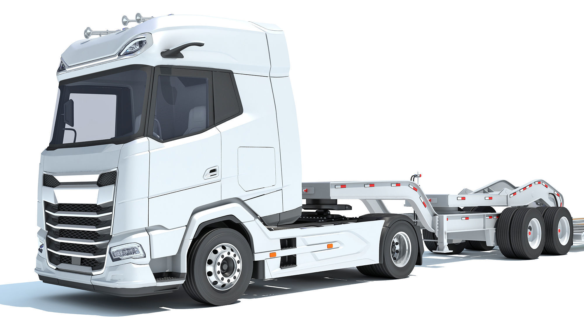 Semi Truck with Lowboy Trailer 3D model_12