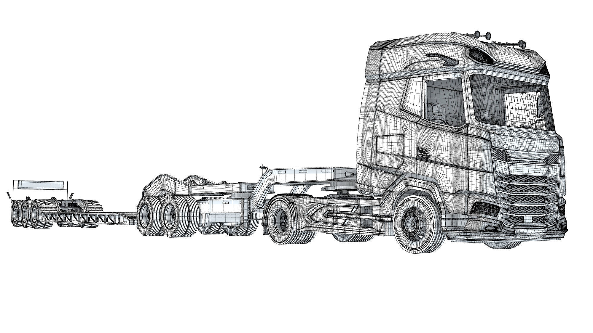 Semi Truck with Lowboy Trailer 3D model_20
