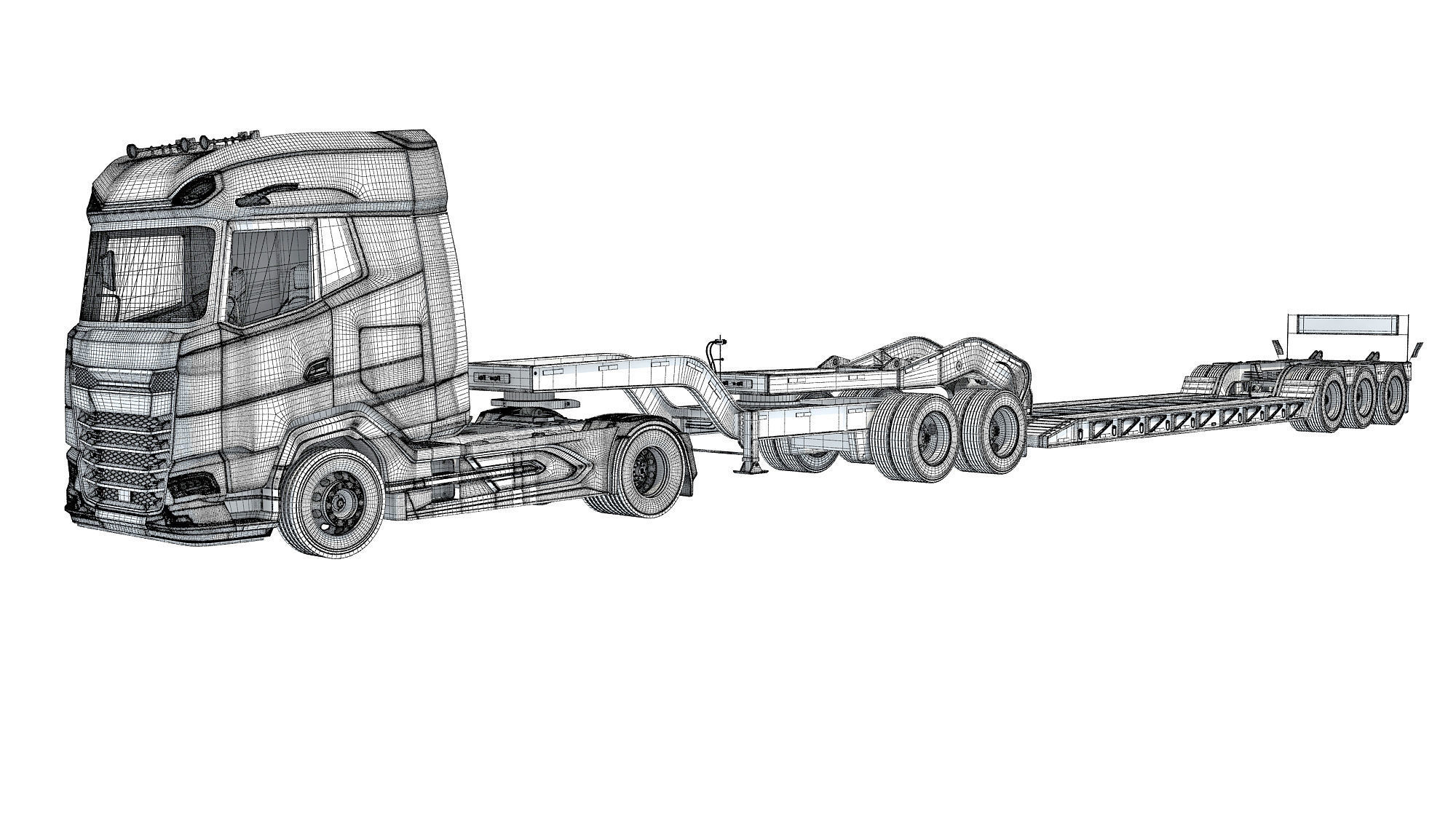 Semi Truck with Lowboy Trailer 3D model_17