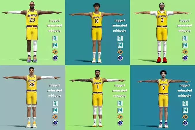 Los Angeles Lakers NBA squad 6 players 3D Model Collection