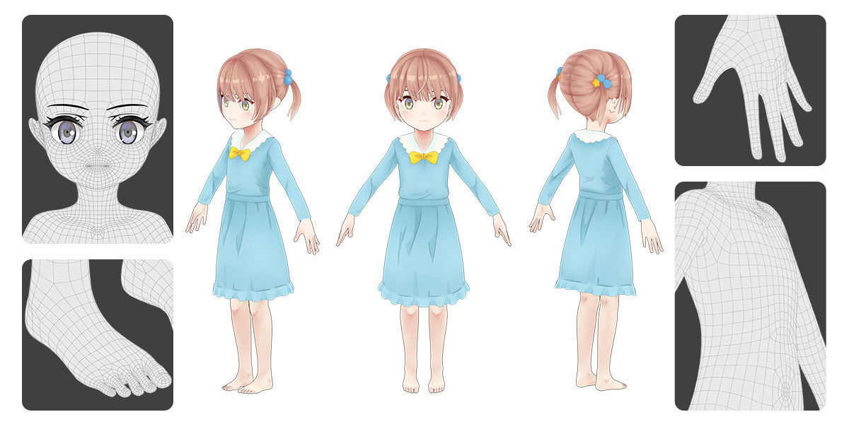 Anime Female Base Mesh Age Kit Low-poly 3D model_5