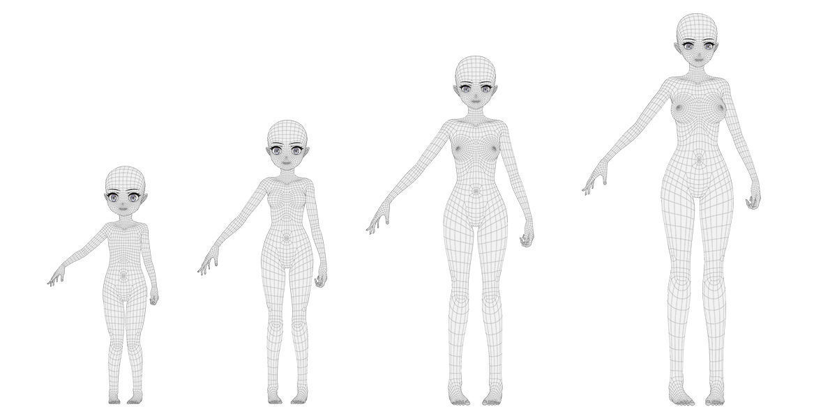Anime Female Base Mesh Age Kit Low-poly 3D model_6