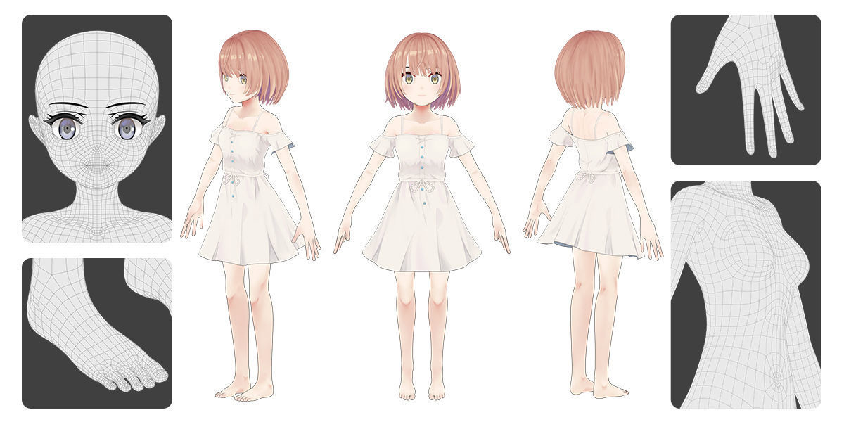 Anime Female Base Mesh Age Kit Low-poly 3D model_4