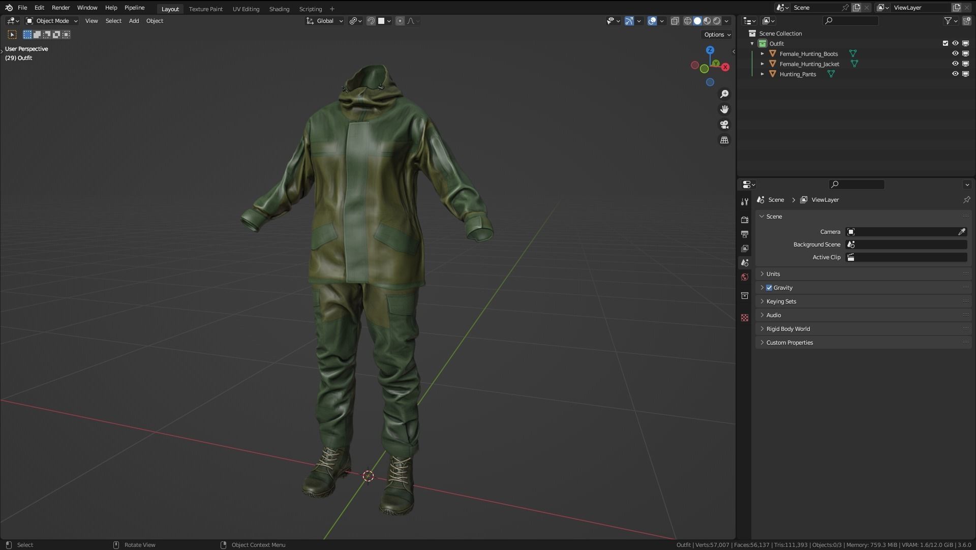 Female Hunting Outfit Low-poly 3D model_3