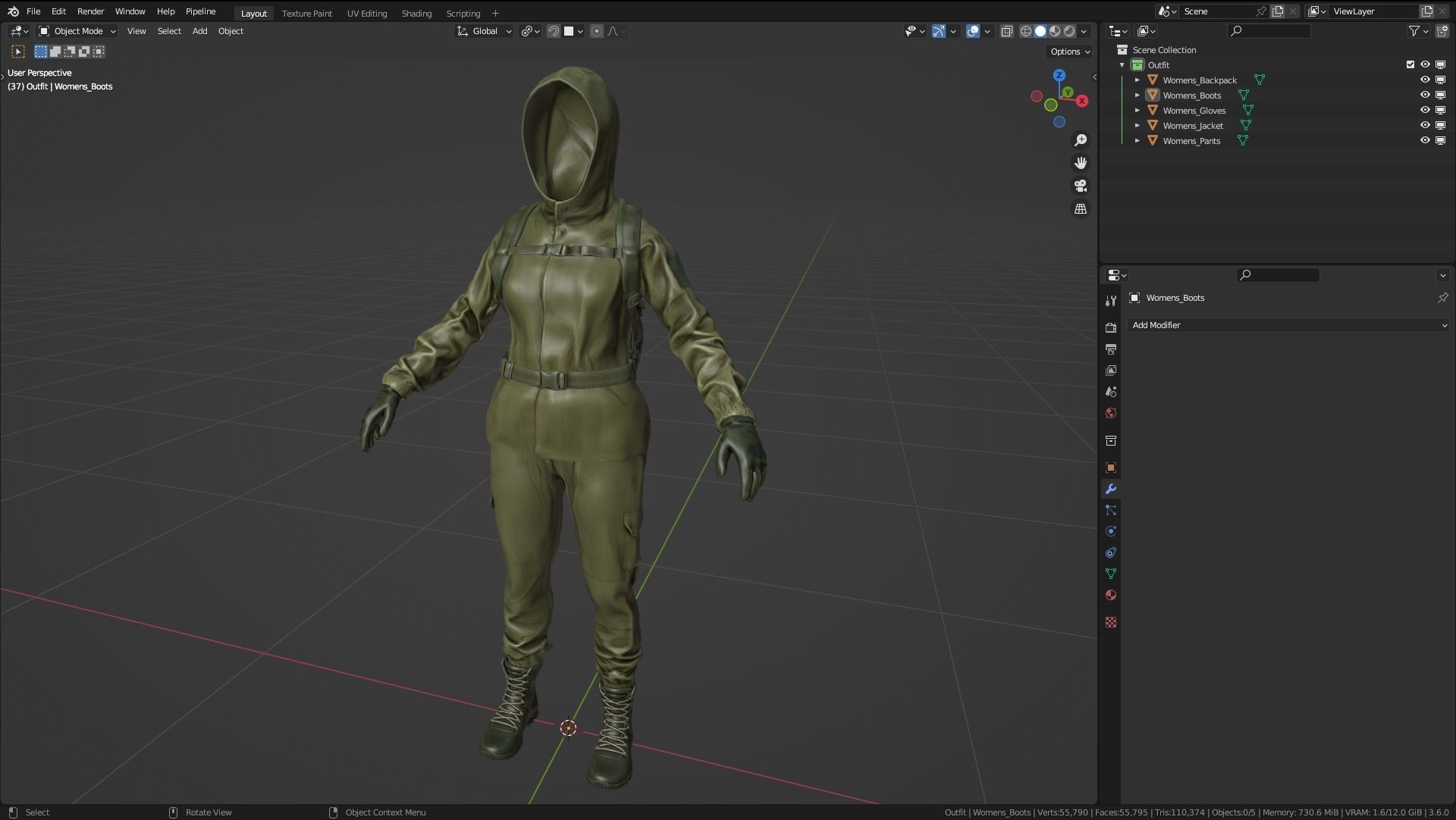 Female Hunting Outfit 2 Low-poly 3D model_3