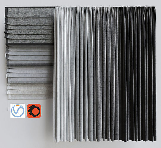 A set of curtains and Roman curtains Gray scale 3D model