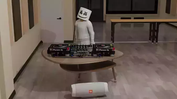 DJ Marsmello action with building and equipment