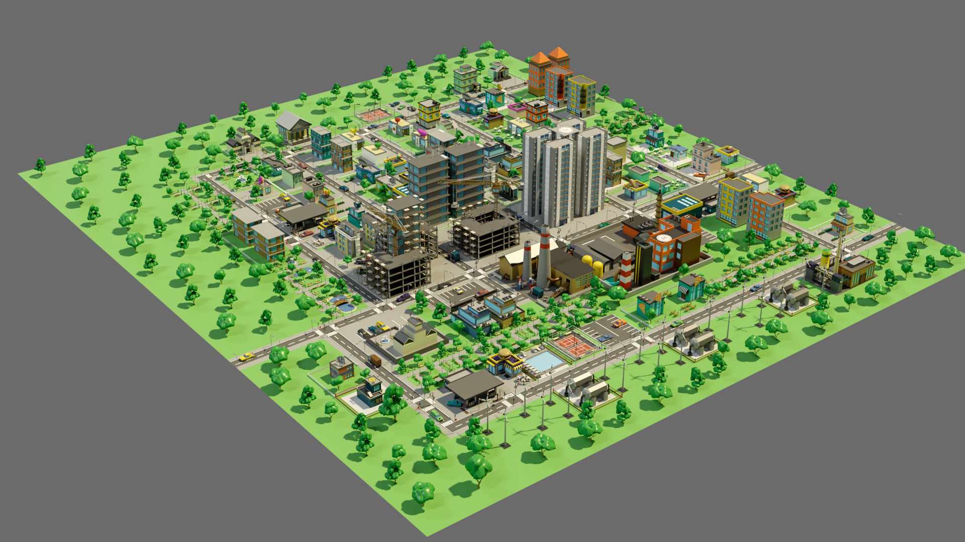 Industrial city Low-poly 3D model_4