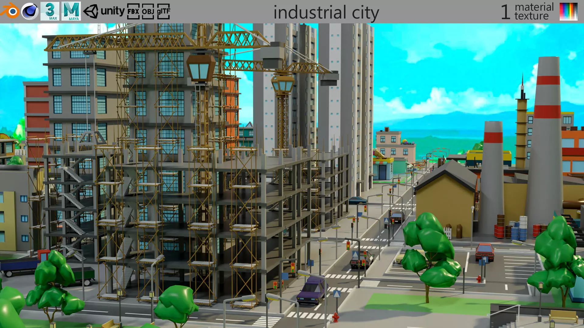 Industrial city Low-poly 3D model_0