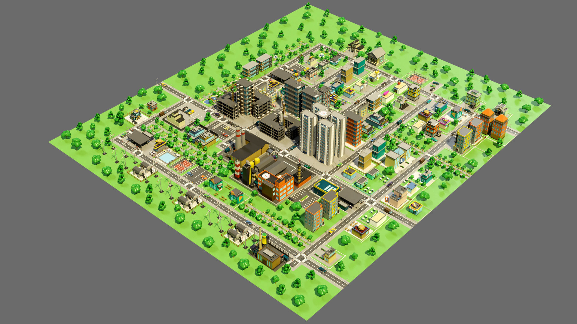 Industrial city Low-poly 3D model_1