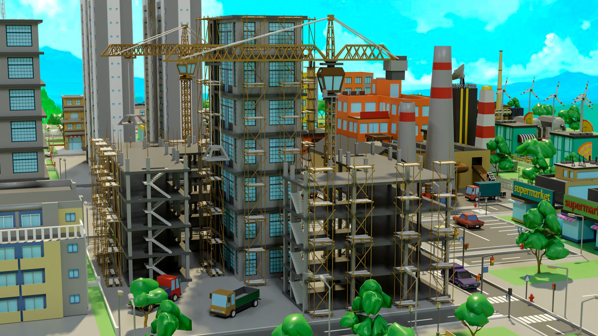 Industrial city Low-poly 3D model_14