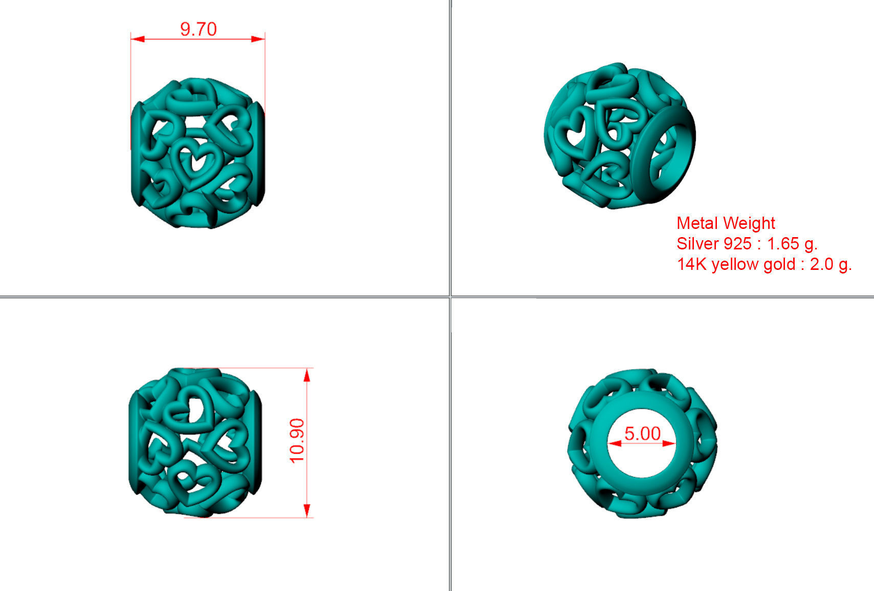 Heart bead charm 3D print model_1