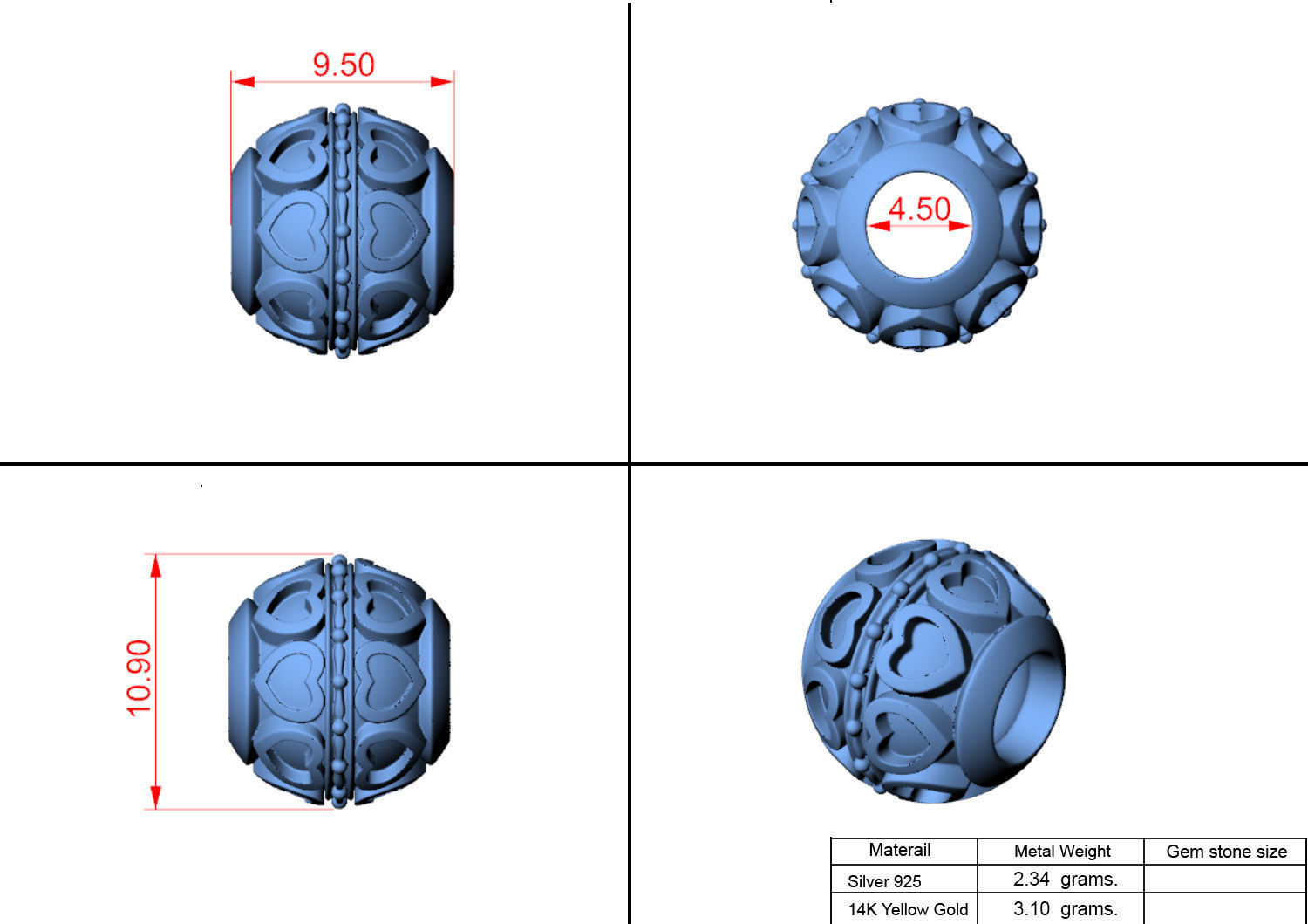 Heart bead charm 3D print model_1