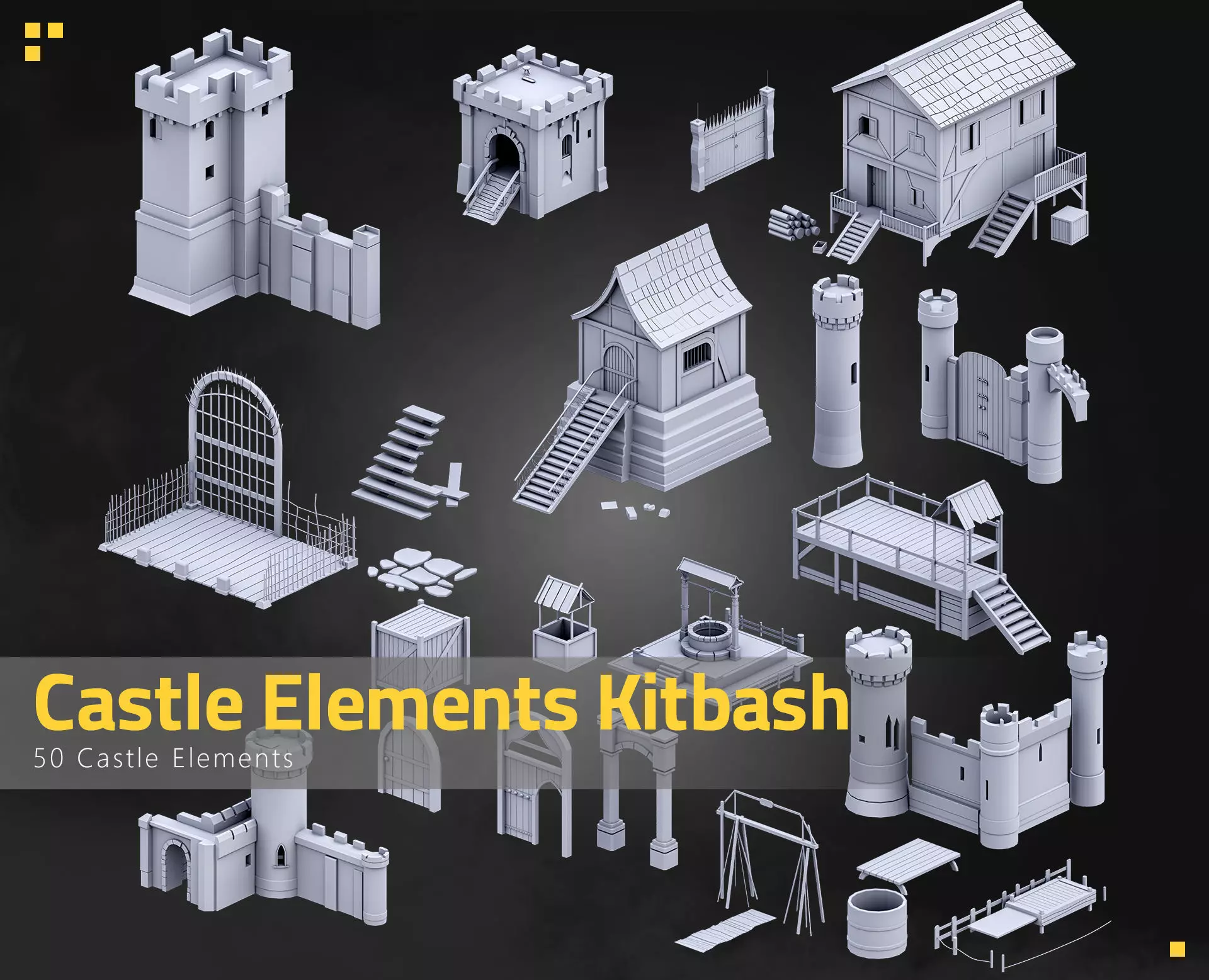 50 Castle Elements Kitbash Low-poly 3D model_0