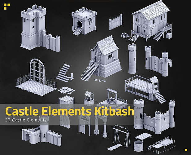 50 Castle Elements Kitbash Low-poly 3D model