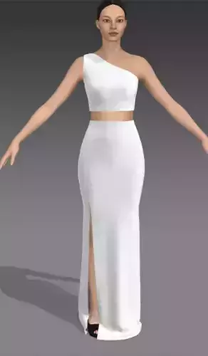 Two pieces white matte color one shoulder  slit skirt look