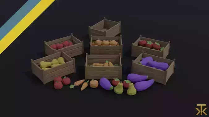 Cartoon vegetables and fruits Polygonal Style Low-poly 3D model