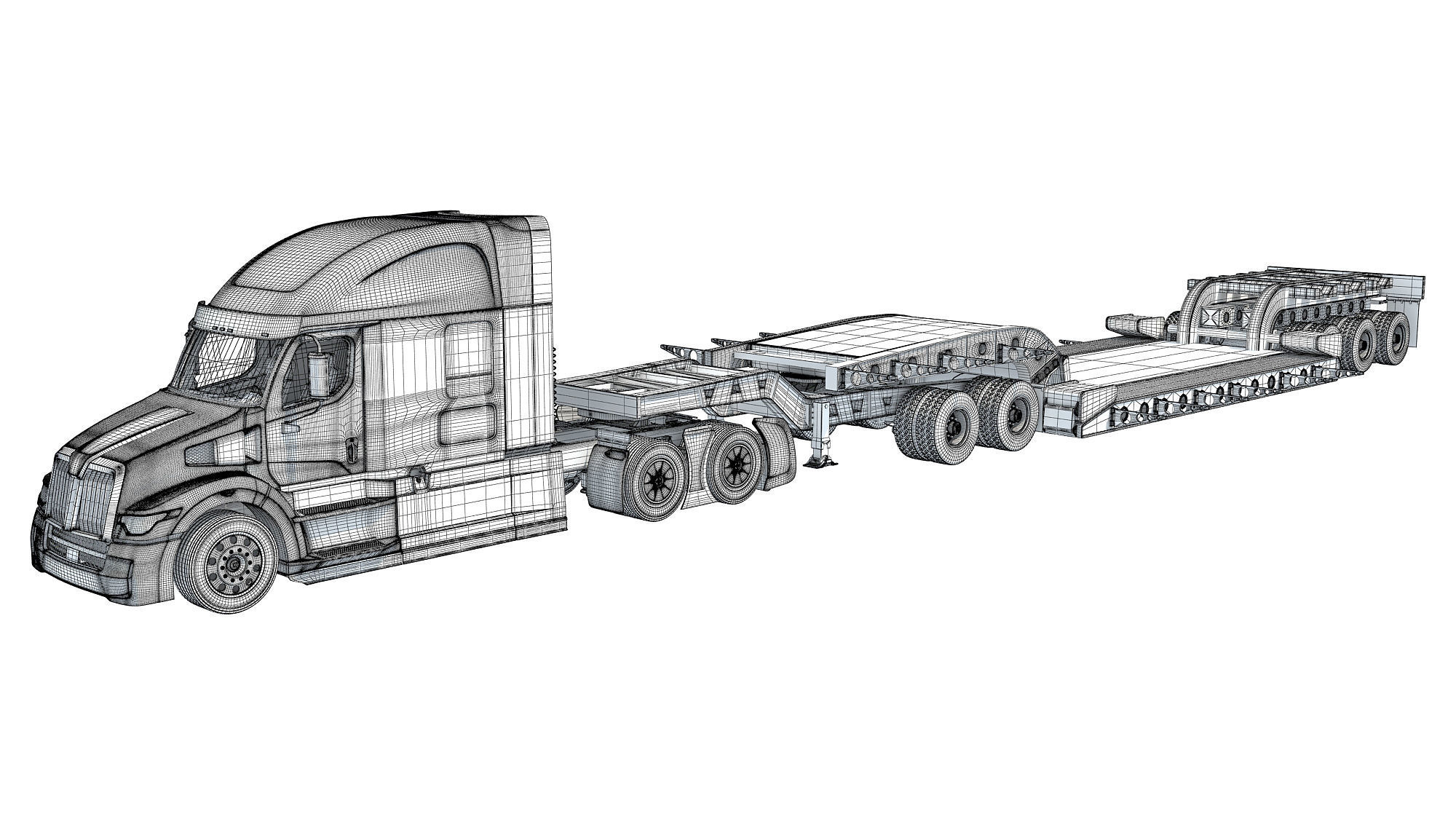 Truck with Lowboy Trailer 3D model_17
