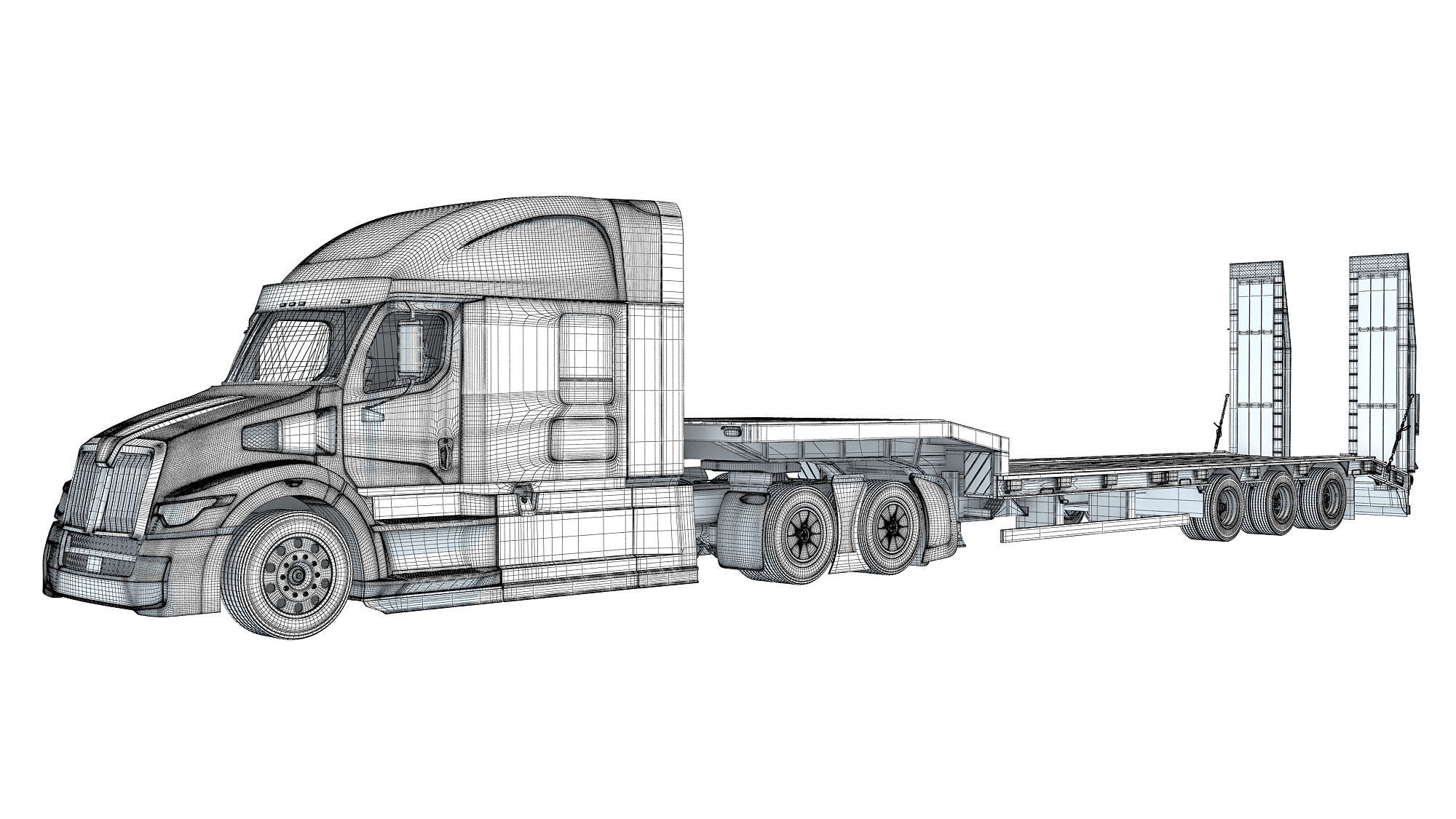 Truck with Platform Trailer 3D model_17