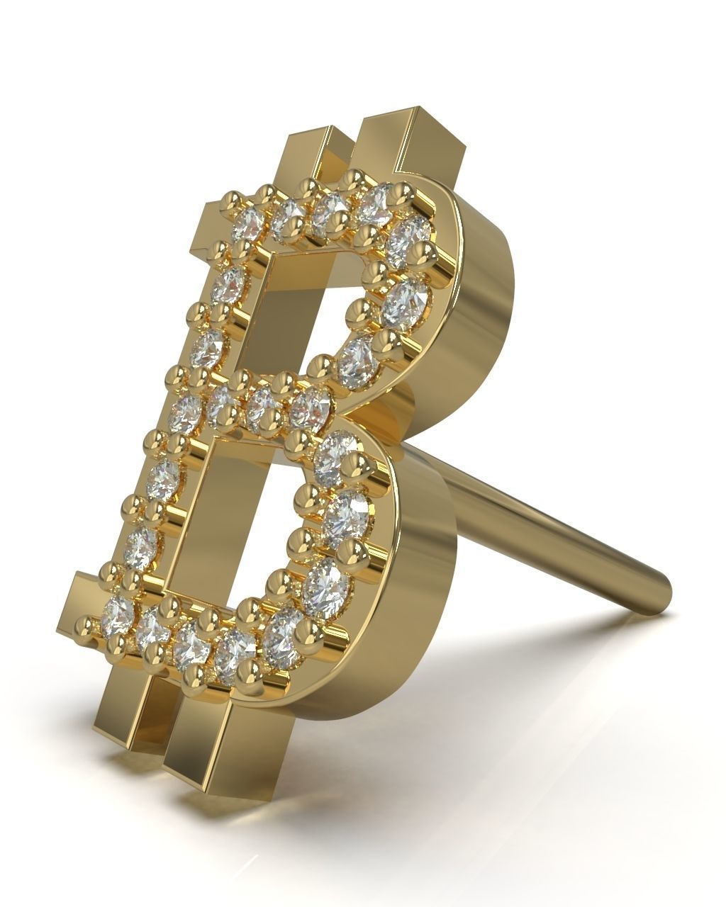 Bitcoin stud earring with gems 3D print model_4