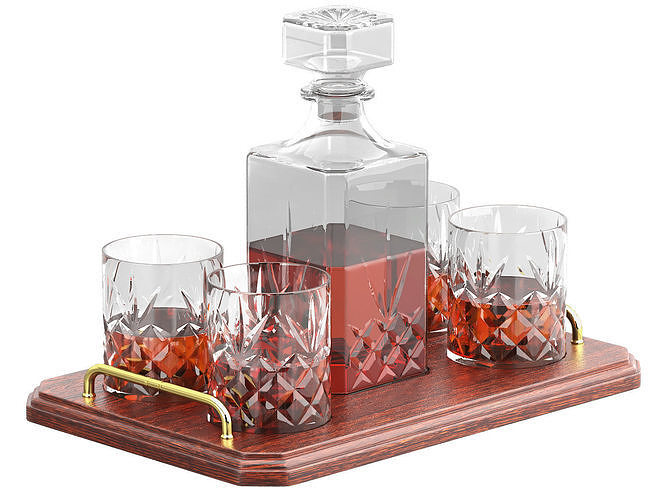 tray of carafe whisky wine with glasses 3D model