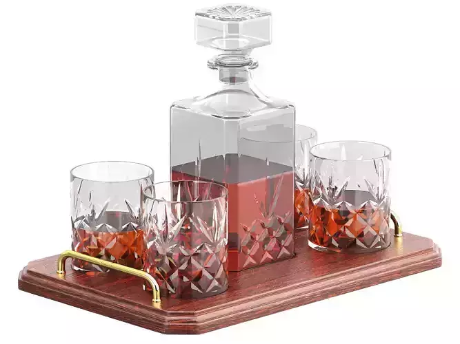 tray of carafe whisky wine with glasses