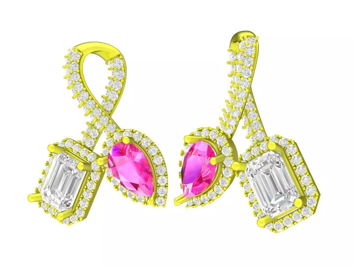 Luxury Drop Earrings with Pink Gemst and Emerald Cut Accent 7306 3D print model