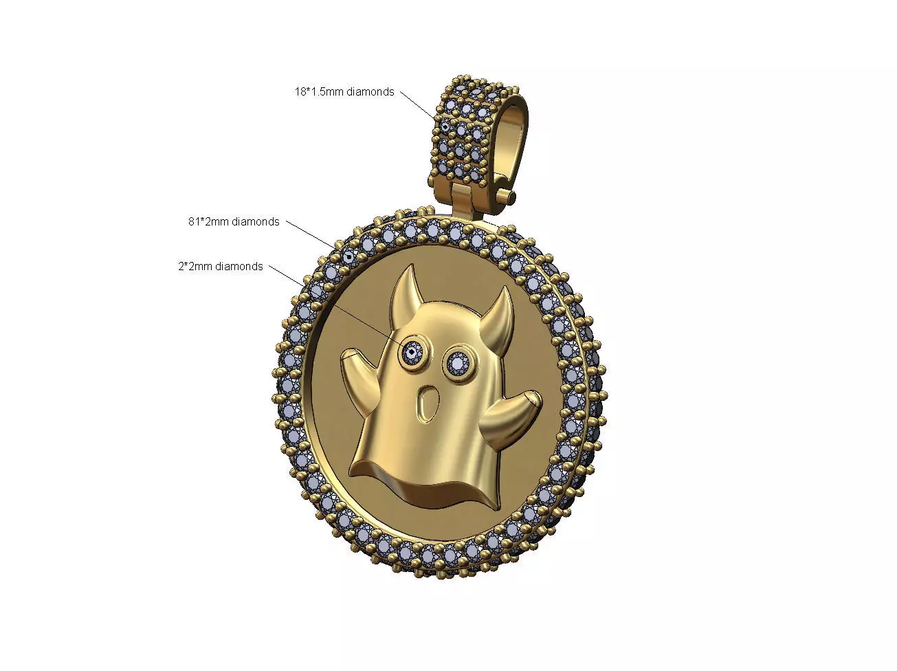 Horned ghost diamond round iced pendant with bail 3D print model_0