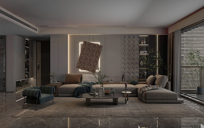 Modern living room  Low-poly 3D model