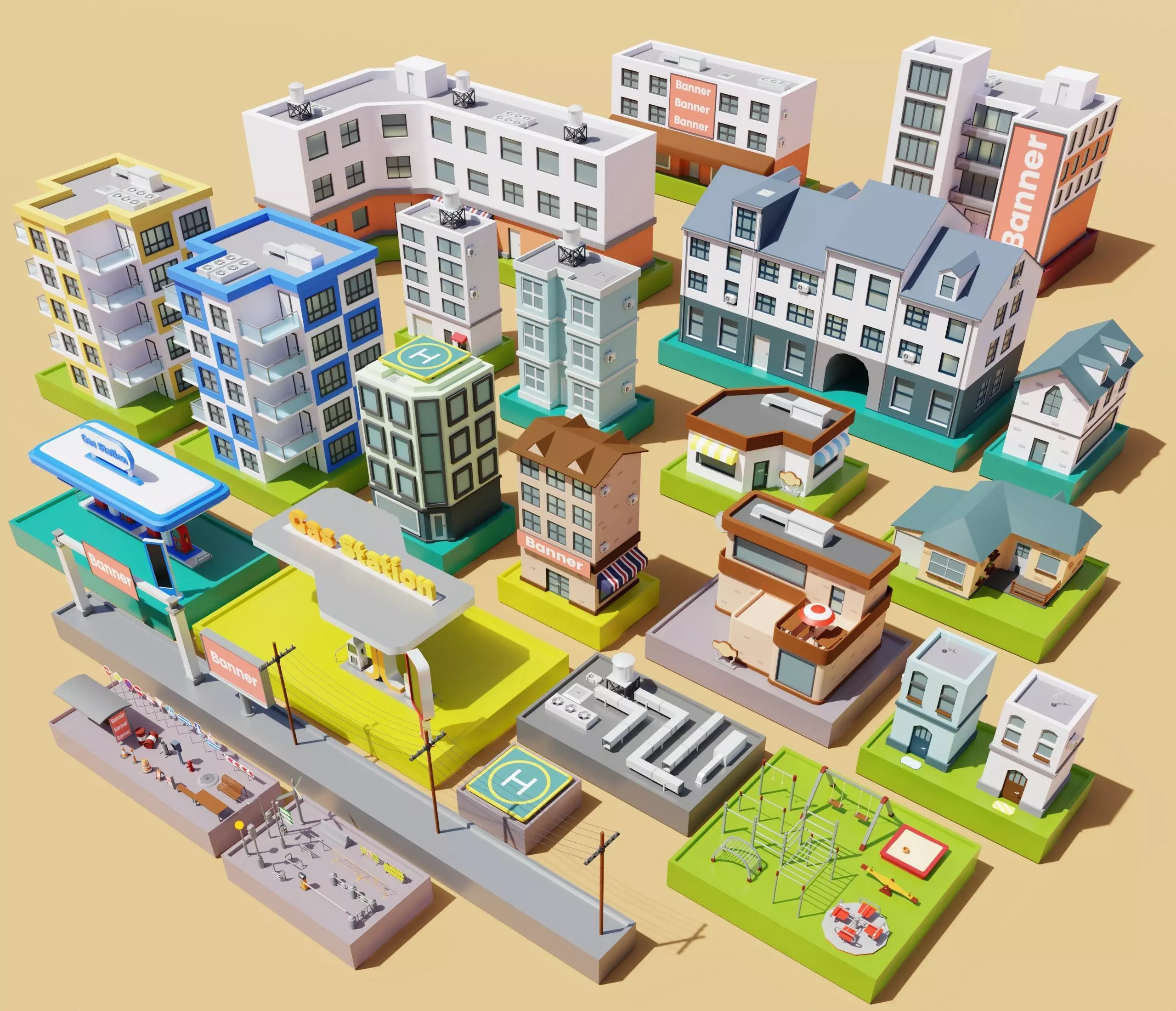 City elements - constructor Low-poly 3D model