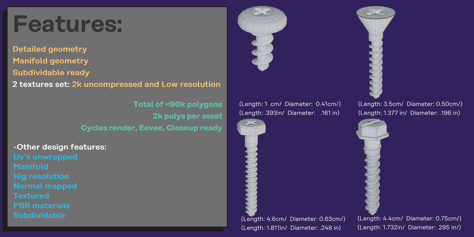 Fasteners Bolts Screws Set 3D model_6