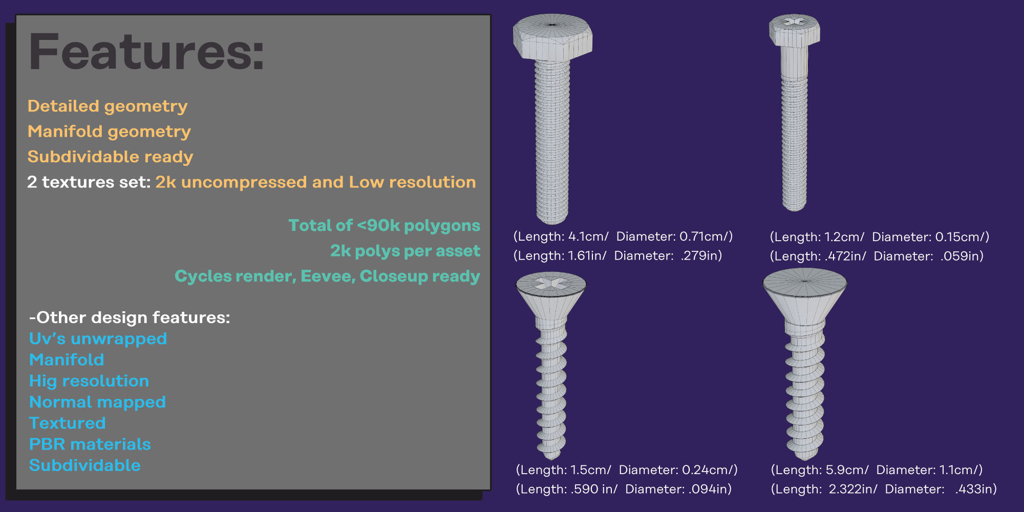 Fasteners Bolts Screws Set 3D model_7