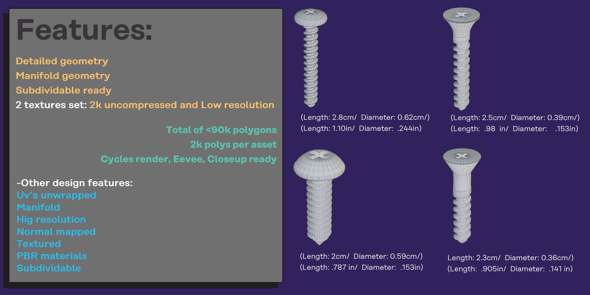 Fasteners Bolts Screws Set 3D model_3
