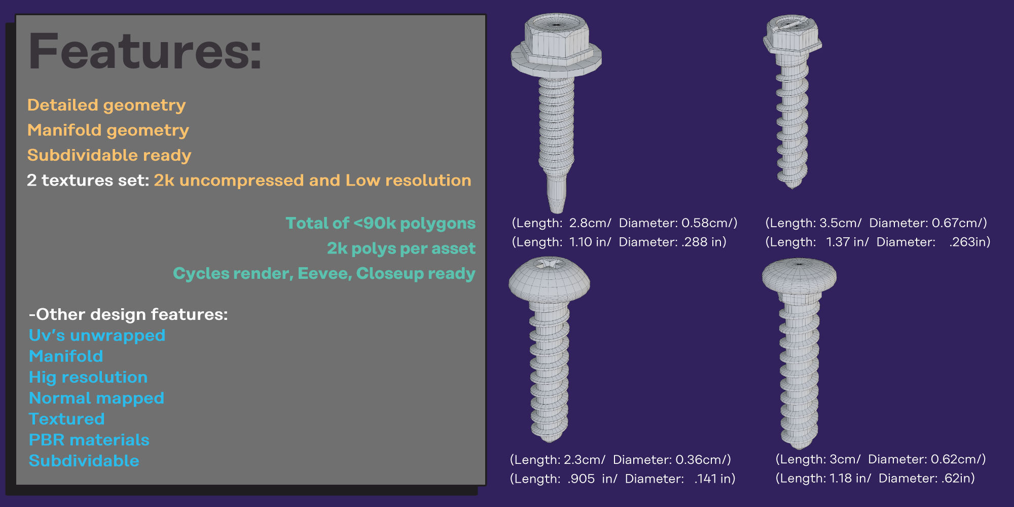 Fasteners Bolts Screws Set 3D model_4