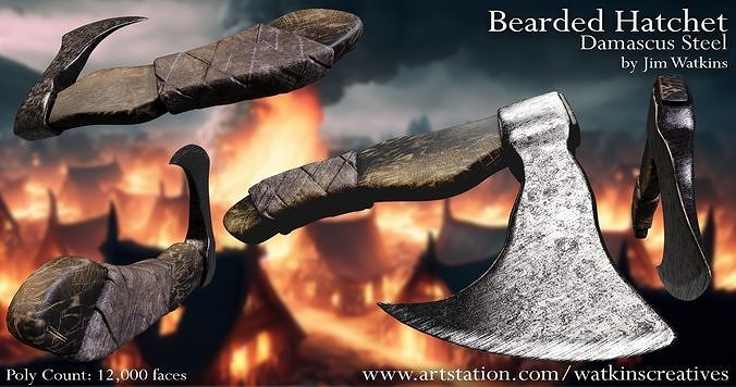 Bearded Hatchet - Damascus Steel Low-poly 3D model