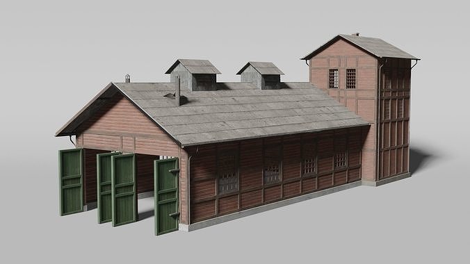 Old brick train shed 3D model 4