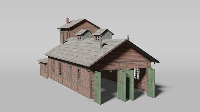 Old brick train shed 3D model 3