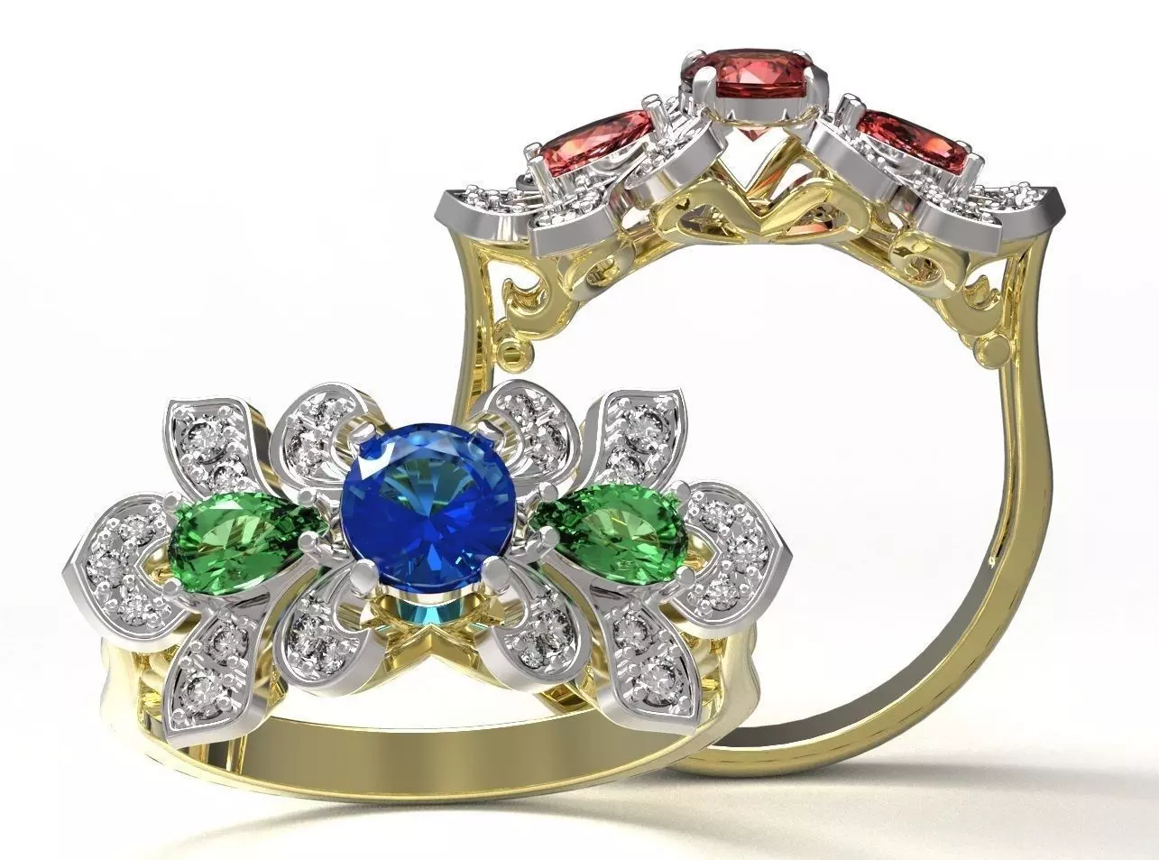 Ring sapphire and diamond gold 3D print model_0